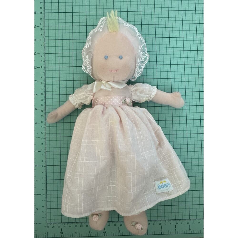 Vintage EDEN/LEARNING CURVE PLUSH GIRL DOLL LOVEY, 12 IN Blonde Blue Eyes Pink